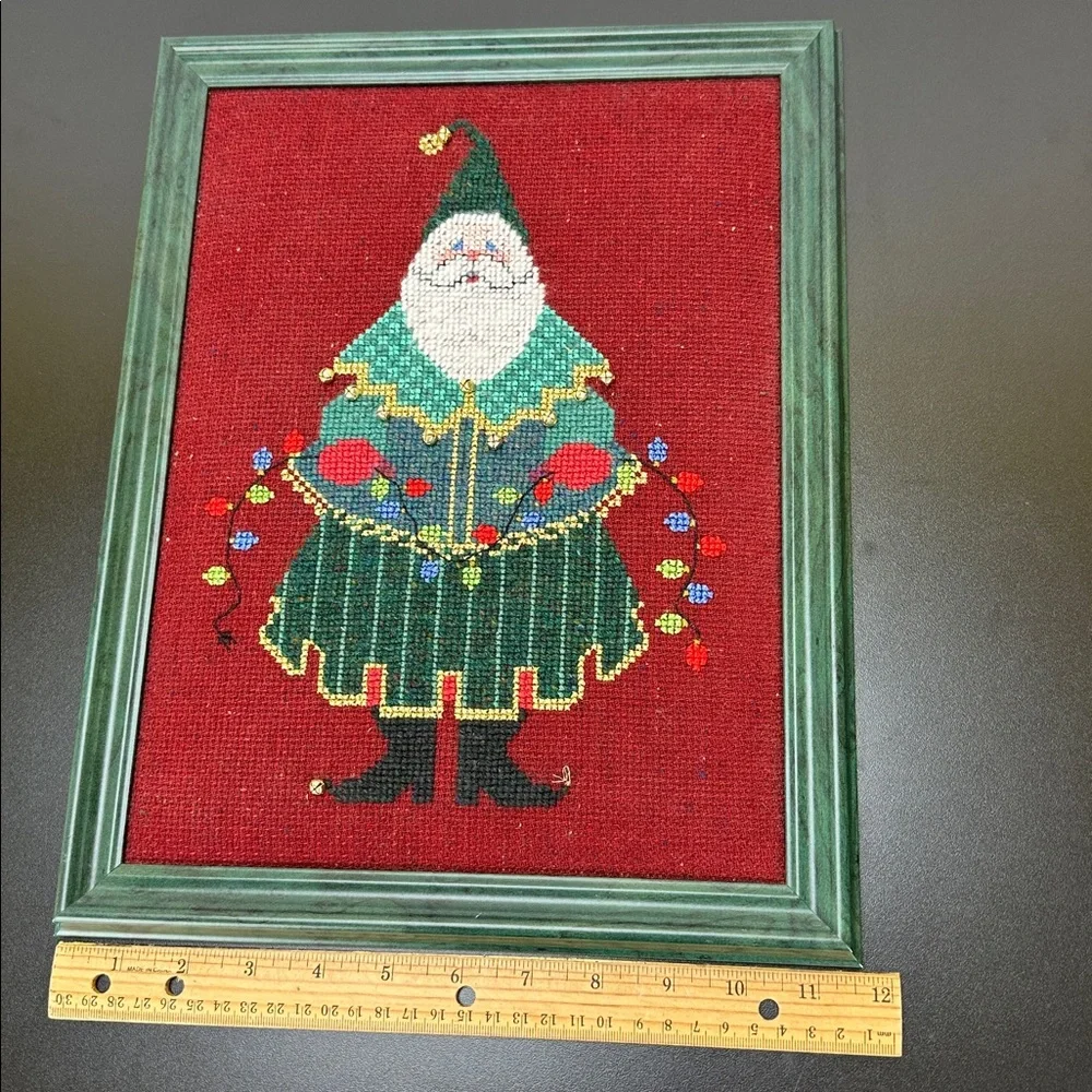 Vtg Handmade Completed Cross Stitch Santa Claus‎ Framed Art No Glass Wall Decor